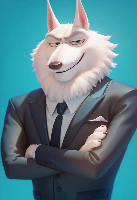 score_9, score_8_up, score_7_up, score_6_up, hi res, highly detailed, masterpiece, blue background, JimmyCrystal, Blue Eyes, Black Tie, Black Suit, Arctic Wolf, White Fur, solo, male, anthro, looking at viewer, half closed eyes, smug, crossed arms