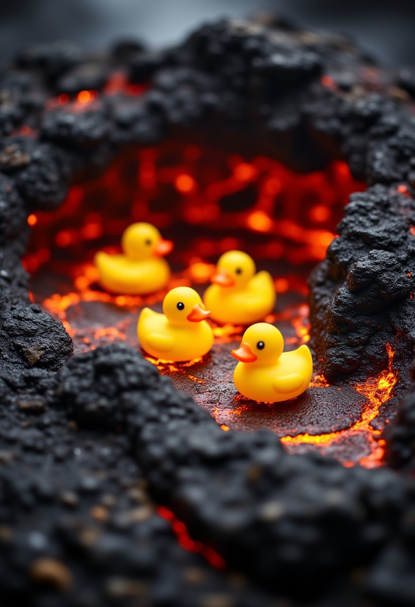 Three rubber yellow duck toys on liquid lava in the mouth of a volcano. Photograph, realistic, higly detailed, atmospheric perspective, vivid colors, Depth of field 100mm. aidmaMJ6.1, aidmaHyperrealism