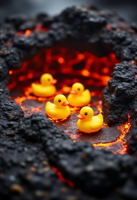 Three rubber yellow duck toys on liquid lava in the mouth of a volcano. Photograph, realistic, higly detailed, atmospheric perspective, vivid colors, Depth of field 100mm. aidmaMJ6.1, aidmaHyperrealism