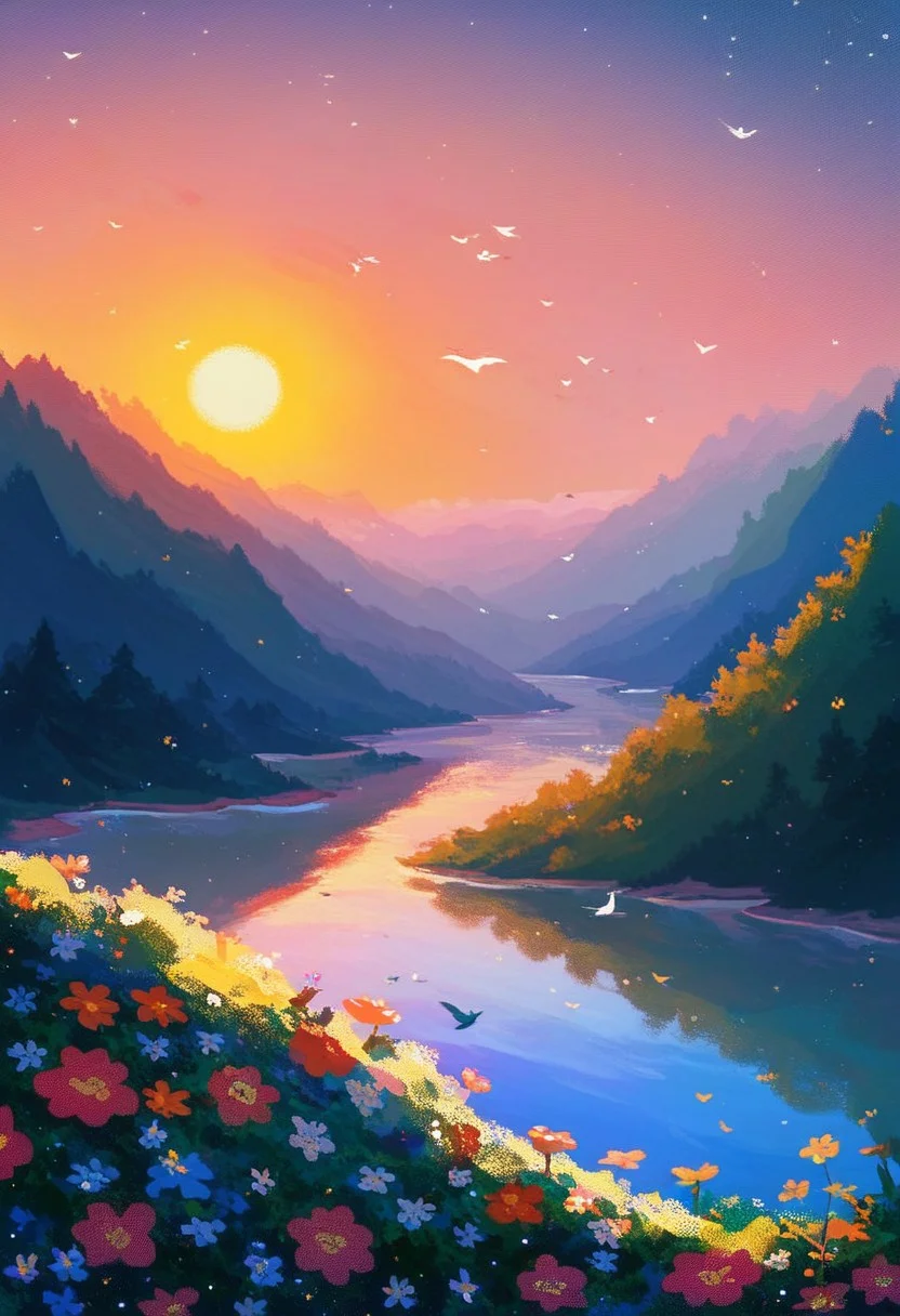score_9, score_8_up, score_7_up, masterpiece, professional artwork, famous artwork, cinematic lighting, easynegative, space_backround, trees, sun, river, morning, irisch landscape, bird, flowers, beautiful composition