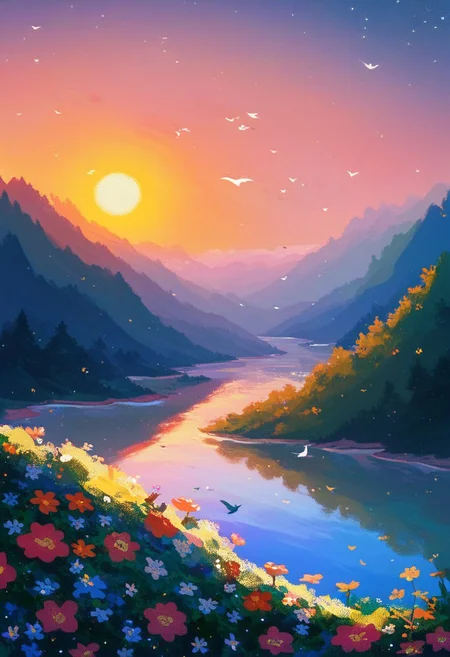 score_9, score_8_up, score_7_up, masterpiece, professional artwork, famous artwork, cinematic lighting, easynegative, space_backround, trees, sun, river, morning, irisch landscape, bird, flowers, beautiful composition