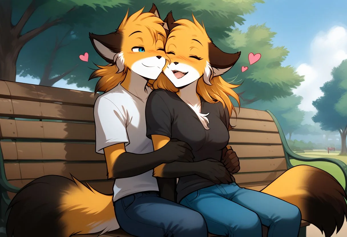 score_9, score_8_up, score_7_up, score_6_up, source_furry, rating_explicit, duo, duo focus, anthro male fox, fox, anthro, Perfect Hands, 1boy, happy expression, happy smile, park, Sitting on a bench, thin waist, flat stomach, lean, eyes contact, black T-shirt, jeans, hugging
BREAK
score_9, score_8_up, score_7_up, score_6_up, source_furry, rating_explicit, duo, duo focus, female, mike-twokinds, Perfect Hands, 1girl, happy expression, laughing, park, Sitting on the guy's lap, thin waist, flat stomach, lean, eyes close, furry fox paws, white T-shirt, cute shorts, floating hearts, medium breasts, hugging