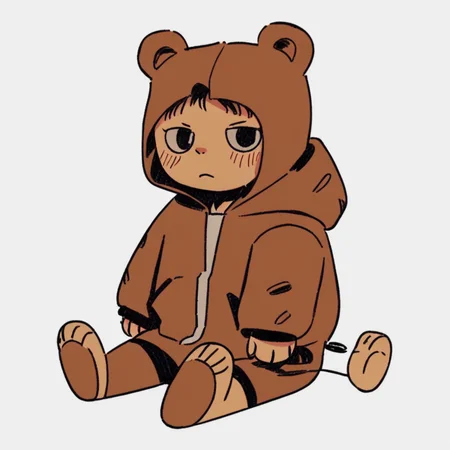 a boy in a teddy bear outfit sulking