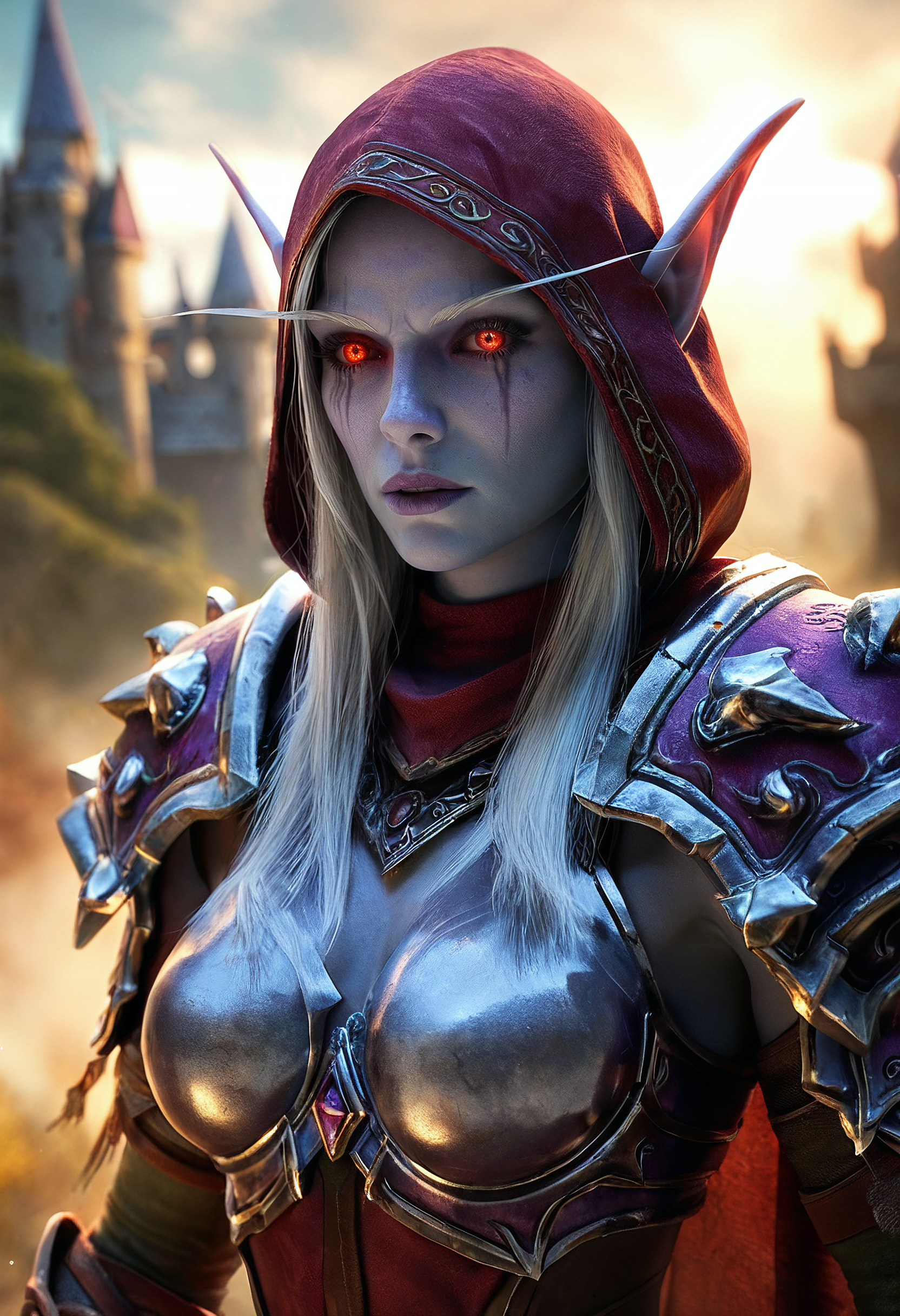 score_9, score_8_up, score_7_up, portrait, zy_sylvanas, 1girl, hood, pointy ears, armor, elf, red eyes, shoulder armor, colored skin, long hair, glowing eyes, battlefield, castle on background, mist , depth of field, highly detailed, high contrast, film grain, Rim Lighting , <lora:zy_Sylvanas_PonyRealism_v1:0.7>
