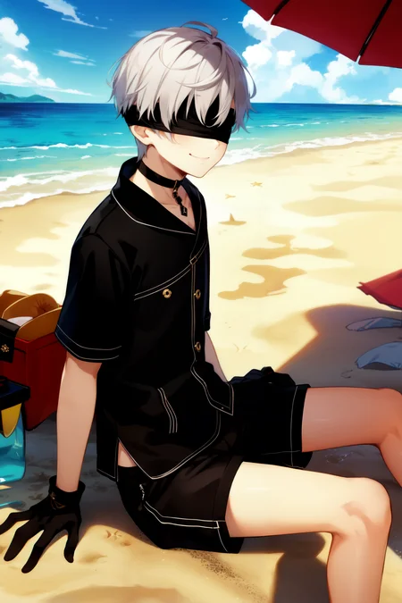 ((masterpiece:1.2, best quality)), 1boy, facing front, looking at viewer, smiling, black blindfold, choker, , silver hair, short hair, black gloves, , black jacket, black shorts, beach, water, sand, sun, sitting on a beach towel under a beach umbrella <lora:yorha_9s:0.6>