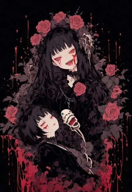 japanese line art , two woman intertwined on a bed, floral patterns, roses, linen , (bloody face, dripping blood:1.2) , dripping blood, skeletal figures, gore, (aged black background:1.2) , weathered canvas and brushstroke , (intricate eyeball pattern background:1) , , bad quality , low res, , in the style of takato yamamoto unfinished, ugly, <lora:takma2:1.2>
goth,