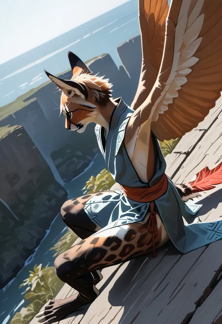 1person, Palagiri, anthro, feline features, feline nose, ((2 wings)), ((armless, no arms)):1.2, no hands, wings only, perfect wings,
Sitting, sitting on cliff edge,
3/4 view, dutch angle, perfect wings, prehensile wings, ((prehensile toes, long toes)), ((feathers-tipped tail, fanned tail-tip, tapering-tip tail)),
digitigrade legs, pelvic curtain tunic,
((Feet focus, detailed toes)),
Source: anime, score: 9, score: 8up,