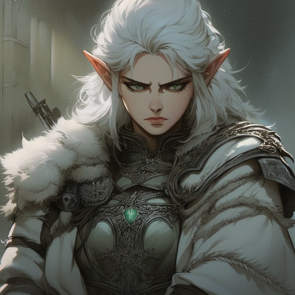 (score_9, score_8_up, score_7_up), source_anime, anime, pale skin, solo, shoulder length, ((emerald green eyes)), ((ranger)), ((archer)), (savage), armor, white fur cloak, ((stares into the camera)), white hair, elf, female, (viking style)