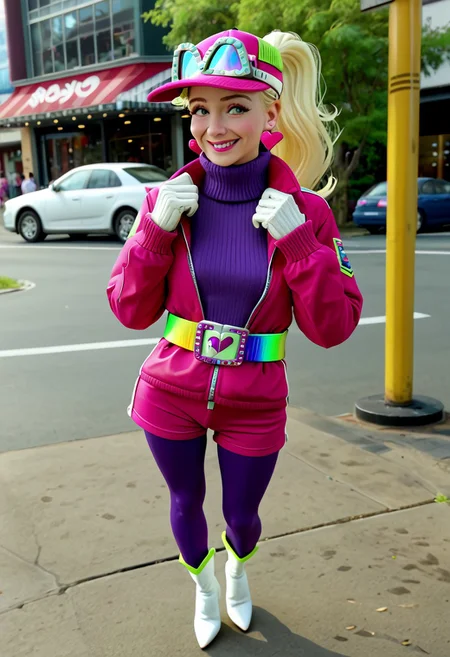 score_9, score_8_up, score_7_up BREAK AniPitstop, 1girl, blonde hair, ponytail, pink eyes, pink lipstick, green blush, pink baseball cap, white goggles on head, heart earrings, rainbow belt, green-jeweled cat silver buckle, long-sleeved pink jacket, purple sweater, white gloves, pink shorts, purple tights, white high-heeled boots, solo, solo focus, female, female focus, full body, smiling at viewer, futuristic tokyo background, tokyo neon outdoors, 3d, source_3d, photorealistic,