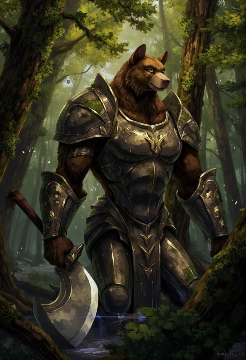 <lora:ck-LttleGhost-000011.safetensors:1> in the style of ck-lttlegh0st
In the heart of an ancient forest, where the air is thick with the scent of moss and the sound of distant waterfalls, a mysterious armored bear stands tall and proud. The bear, a towering figure with a majestic presence, is clad in armor forged from the very bark of the ancient trees. The metal glimmers with an ethereal light, as if infused with the essence of the forest itself. In its massive paw, the bear wields a colossal axe, its blade shimmering with a silver glow, a perfect reflection of the harmony between the bear and its natural surroundings.
The forest around the bear is a tapestry of vibrant life. Trees with trunks as wide as ancient cathedrals stretch their branches to the heavens, their leaves a tapestry of green and gold. Vines and ivy wind their way up the trunks, intertwining with the roots that bind the earth below. Small, ethereal creatures flit about, their wings catching the light and casting a gentle, shimmering glow. The air is filled with the soft hum of insects and the distant calls of birds, a symphony of nature in perfect balance.
The bear, a guardian of this serene world, stands with a sense of deep connection to the land. Its eyes, a deep, soulful brown, reflect the wisdom of the ages. The armor, once a symbol of menace, now seems to blend seamlessly with the forest, as if the bear and the natural world are one and the same. The bear's body language is one of calm and strength, its stance a testament to the harmony it has forged with the environment.
In this tranquil scene, the bear's massive axe is not a weapon of destruction but a tool of protection, a symbol of the bear's role as a guardian of the forest. The blade, when it moves, seems to flow with the grace of a dancer, each swing a beautiful dance with the natural world. The bear's presence is a reminder of the delicate balance and profound connection between all living things, a harmony that permeates every aspect of this enchanted forest.