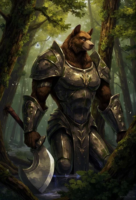 <lora:ck-LttleGhost-000011.safetensors:1> in the style of ck-lttlegh0st
In the heart of an ancient forest, where the air is thick with the scent of moss and the sound of distant waterfalls, a mysterious armored bear stands tall and proud. The bear, a towering figure with a majestic presence, is clad in armor forged from the very bark of the ancient trees. The metal glimmers with an ethereal light, as if infused with the essence of the forest itself. In its massive paw, the bear wields a colossal axe, its blade shimmering with a silver glow, a perfect reflection of the harmony between the bear and its natural surroundings.
The forest around the bear is a tapestry of vibrant life. Trees with trunks as wide as ancient cathedrals stretch their branches to the heavens, their leaves a tapestry of green and gold. Vines and ivy wind their way up the trunks, intertwining with the roots that bind the earth below. Small, ethereal creatures flit about, their wings catching the light and casting a gentle, shimmering glow. The air is filled with the soft hum of insects and the distant calls of birds, a symphony of nature in perfect balance.
The bear, a guardian of this serene world, stands with a sense of deep connection to the land. Its eyes, a deep, soulful brown, reflect the wisdom of the ages. The armor, once a symbol of menace, now seems to blend seamlessly with the forest, as if the bear and the natural world are one and the same. The bear's body language is one of calm and strength, its stance a testament to the harmony it has forged with the environment.
In this tranquil scene, the bear's massive axe is not a weapon of destruction but a tool of protection, a symbol of the bear's role as a guardian of the forest. The blade, when it moves, seems to flow with the grace of a dancer, each swing a beautiful dance with the natural world. The bear's presence is a reminder of the delicate balance and profound connection between all living things, a harmony that permeates every aspect of this enchanted forest.