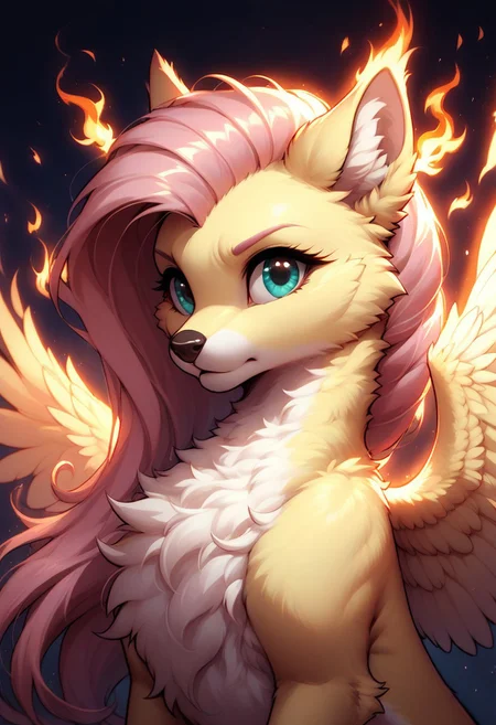 core_9, score_8_up, score_7_up, score_5_up, source_anime, Fluttershy, MegaFluffyPony, furry, fluffy, glowing magic, dramatic lighting, fiery effects, volumetric lighting, pastel colors, vibrant contrasts, portrait, flames, sparks, glowing particles, y3ll0wblu3, porochaStyle, dynamic pose, majestic and intense atmosphere, dark fantasy background