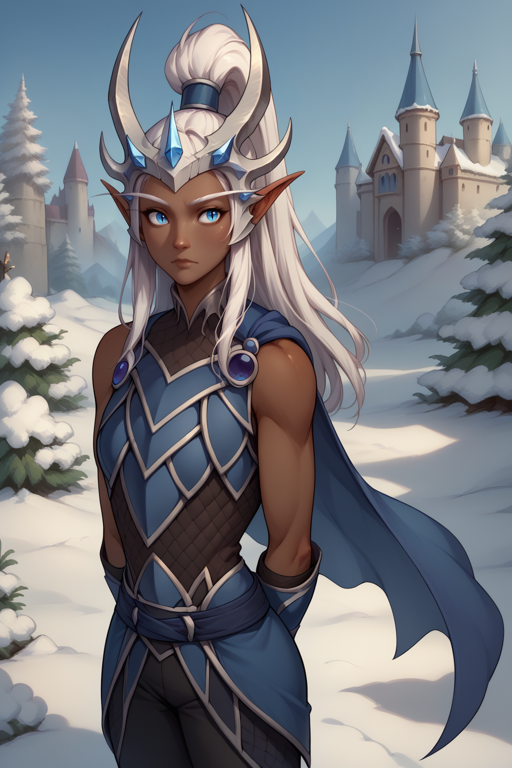 score_9, score_8_up, 1girl, solo <lora:NSSindragosaWoW:1> NSSindragosaWoW, high ponytail, long hair, bangs, white hair, pointy ears, dark-skinned female, split pupils, blue vambraces, bare shoulders, sleeveless, blue cape, belt, armor, pants, outdoors, castle, full body shot, horned headwear, hands behind back, looking at the viewer, winter, snow