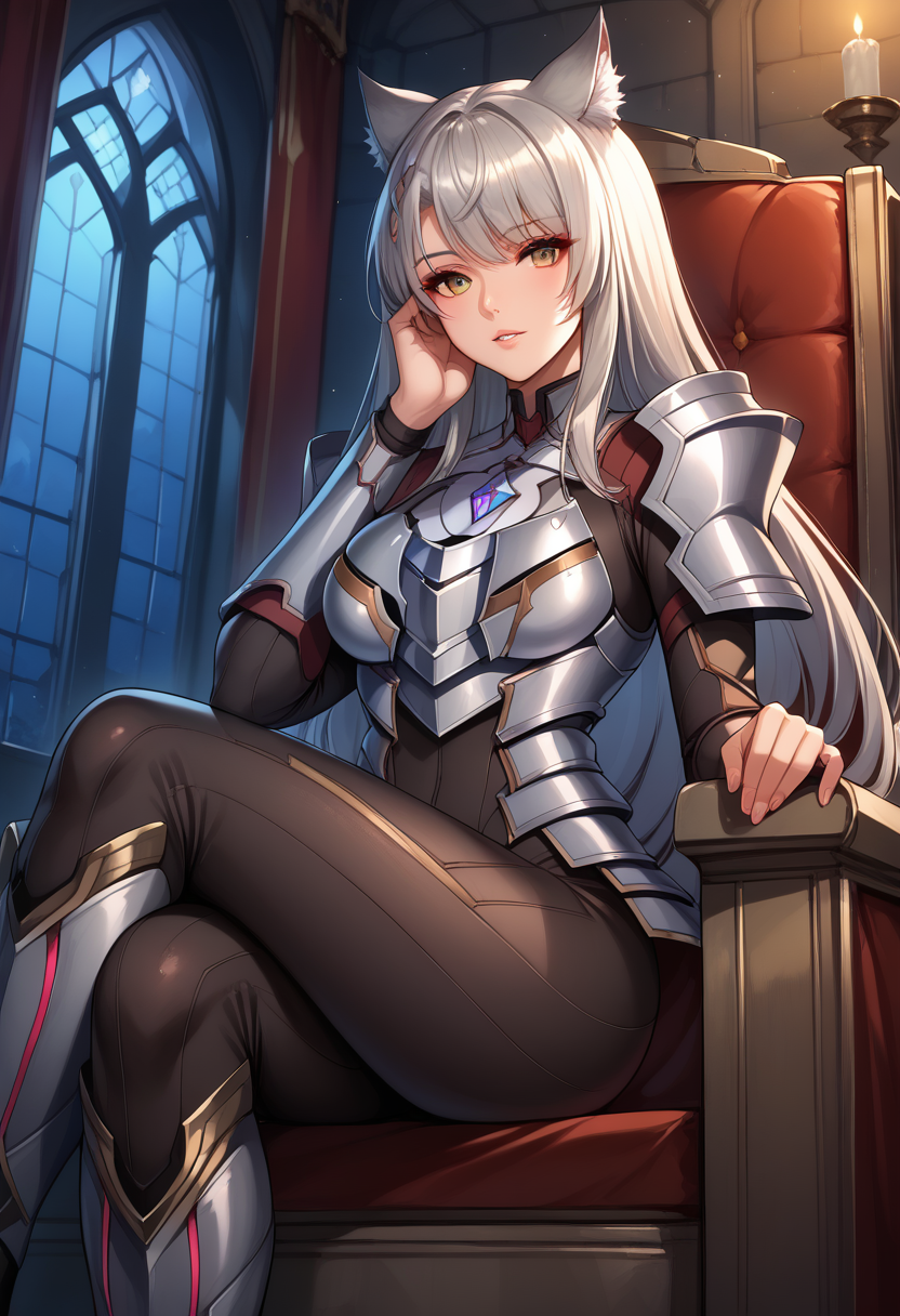 score_9, score_8_up, score_7_up, score_6_up, source_anime, BREAK, <lora:MioXenoblade3:1>, MioConsul, grey hair, long hair, chest jewel, cat ears,  armor, bodysuit, looking at viewer, parted lips, hand on own face,  castle interior, night, throne, sitting, crossed legs,