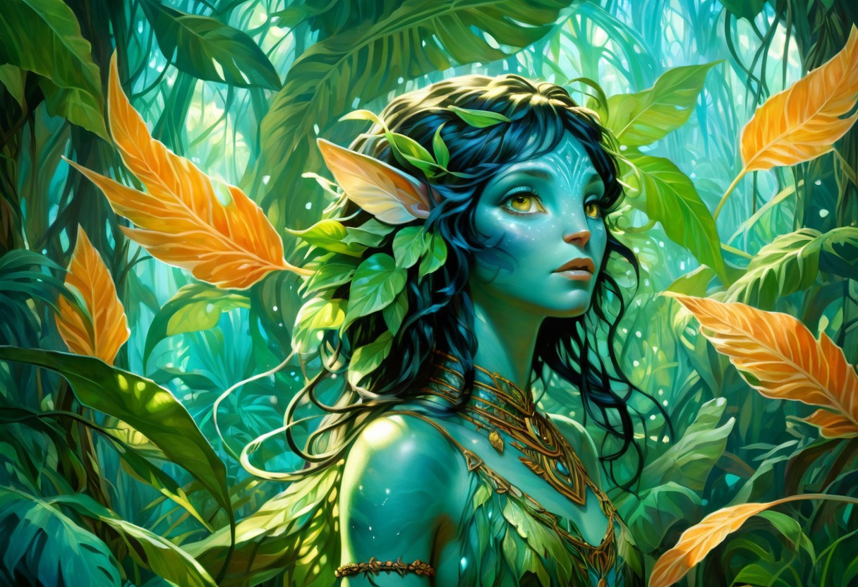 Alphonse Mucha Style page oil  painting of a young female Avatar navi alien with blue skin, wearing leaf tunic in a bioluminescent jungle