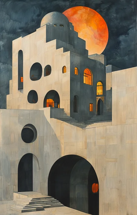 masterpiece,best quality,<lora:tbh312-sdxl:0.9>,illustration,designed by Adolf Loos Futuristic skyscraper with organic shapes, inspired by Zaha Hadid, gleaming under a sunset sky