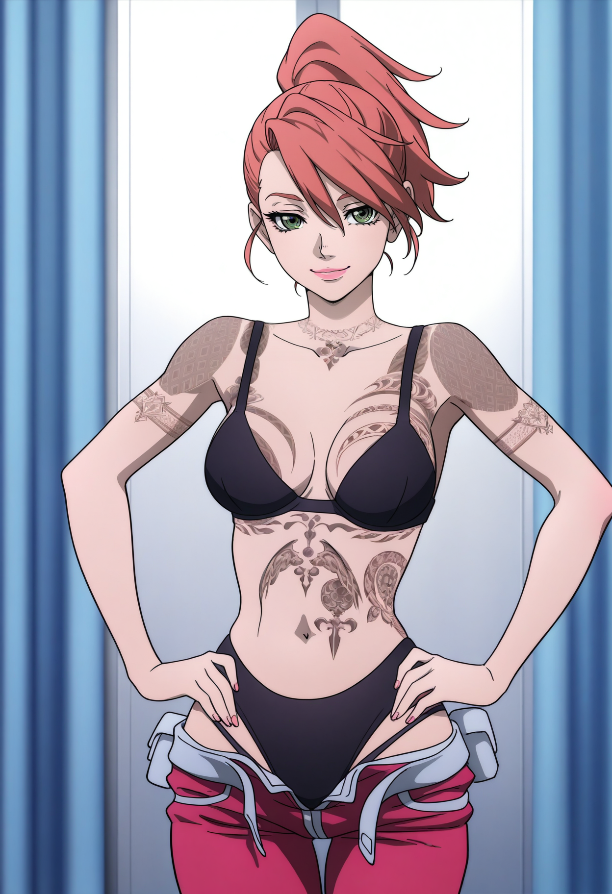 masterpiece, best quality, good quality, <lora:GTBBianca:1>, GTBBianca, 1girl, ponytail, pink hair, green eyes, pink lips, breasts,
tattoo, black bra, pink pants, black panties, 
pants pull, hands on own hips, seductive smile, looking at viewer, 
BREAK indoors, bright background, blue curtains,