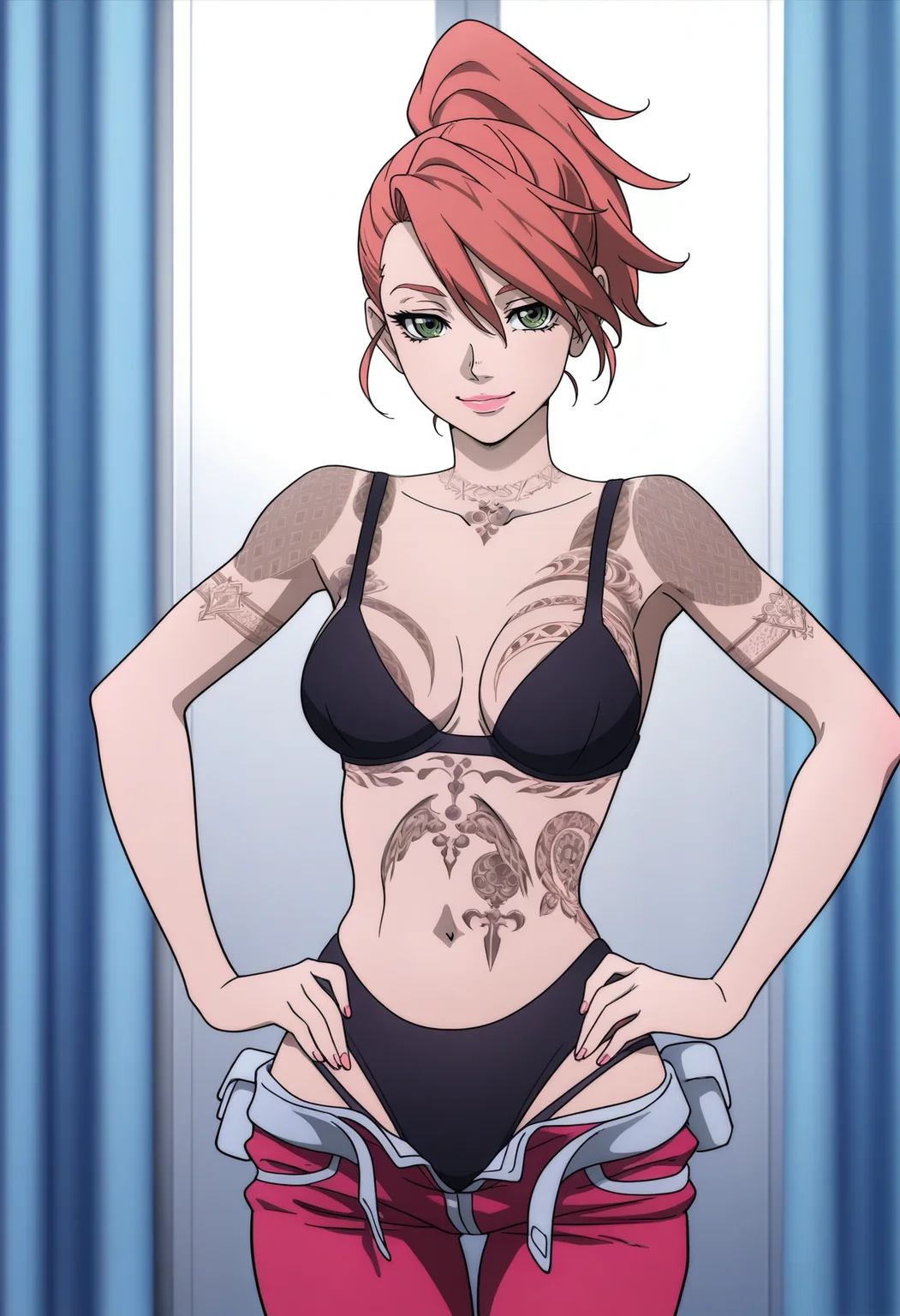 masterpiece, best quality, good quality, <lora:GTBBianca:1>, GTBBianca, 1girl, ponytail, pink hair, green eyes, pink lips, breasts,
tattoo, black bra, pink pants, black panties,
pants pull, hands on own hips, seductive smile, looking at viewer,
BREAK indoors, bright background, blue curtains,