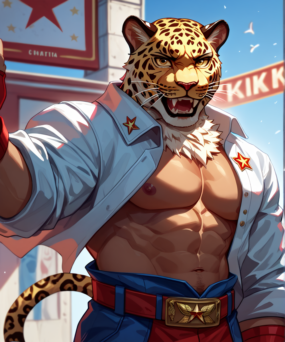 score_9, score_8_up, score_7_up,
<lora:King_(Tekken)_(Pony)_(AD):0.8> K1ng, Tekken, wrestler, muscular, jaguar headed, tanned skin,
8K, In'ei, hiaroscuro, depth of field, volumetric lighting,
perfect hands, perfect proportions, powerful thick muscular body, 
anime style background, red wrestling clothing, video game screenshot, 8K CGI render, alternate history, communist K1ng, Soviet controlled Mexico, open plaza, exterior scene, soviet symbolism, workers of the world unite, crush capitalism, communist patriotism, 
BREAK zPDXL, zPDXLxxx,   <lora:Soviet-poster:0.8> soviet poster,  <lora:SovietPunkAI:0.8> sovietpunkai <lora:CCCP_XL_V1:0.8> cccp