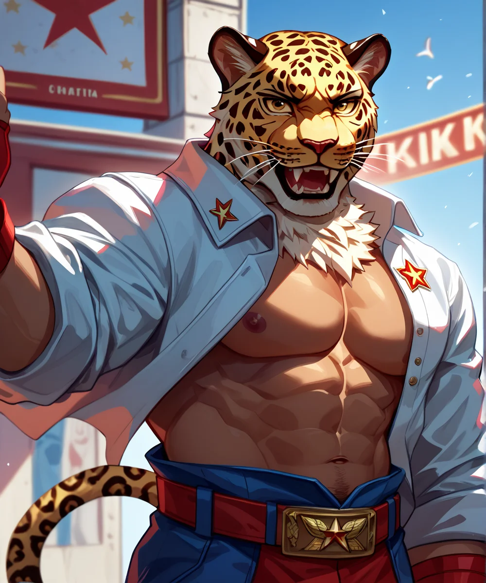 score_9, score_8_up, score_7_up,
<lora:King_(Tekken)_(Pony)_(AD):0.8> K1ng, Tekken, wrestler, muscular, jaguar headed, tanned skin,
8K, In'ei, hiaroscuro, depth of field, volumetric lighting,
perfect hands, perfect proportions, powerful thick muscular body,
anime style background, red wrestling clothing, video game screenshot, 8K CGI render, alternate history, communist K1ng, Soviet controlled Mexico, open plaza, exterior scene, soviet symbolism, workers of the world unite, crush capitalism, communist patriotism,
BREAK zPDXL, zPDXLxxx, <lora:Soviet-poster:0.8> soviet poster, <lora:SovietPunkAI:0.8> sovietpunkai <lora:CCCP_XL_V1:0.8> cccp