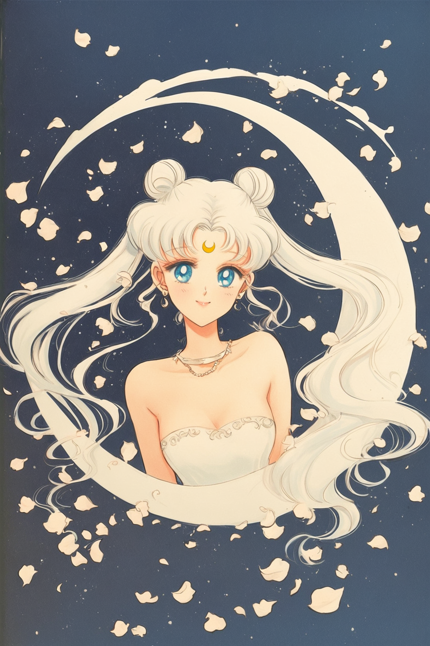 1girl,solo,long hair,facial mark,white hair,crescent facial mark,twintails,double bun,crescent,hair bun,tsukino usagi,blue eyes,forehead mark,dress,hair ornament,white dress,jewelry,bare shoulders,crescent moon,moon,strapless dress,earrings,strapless,neck,white theme,hairpin,smile,petals,traditional media,blue background,
<lora:Takeuchi Naoko_XL:0.8>,