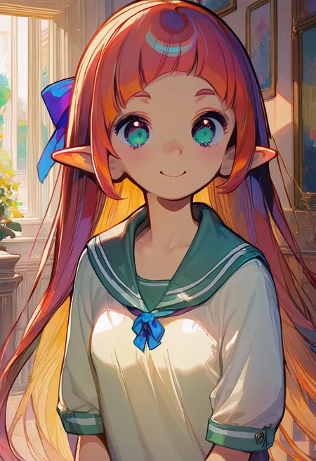 ((masterpiece,best quality)), absurdres, BREAK, score_9, score_8_up, score_7_up, score_6_up, 8k, hires,1girl, beautiful girl, kawaii girl, cute face, pose, high contrast, dramatic shadows, highly detailed, detailed skin, depth of field, shadows, hair bangs, very long hair, red hair, twin tails, blue ribbons, small breasts, young, petite, elf, smiling, green headband, green diadem, sailor uniform, aqua eyes, green school uniform, hallway, school, <lora:add-detail-xl:3>
