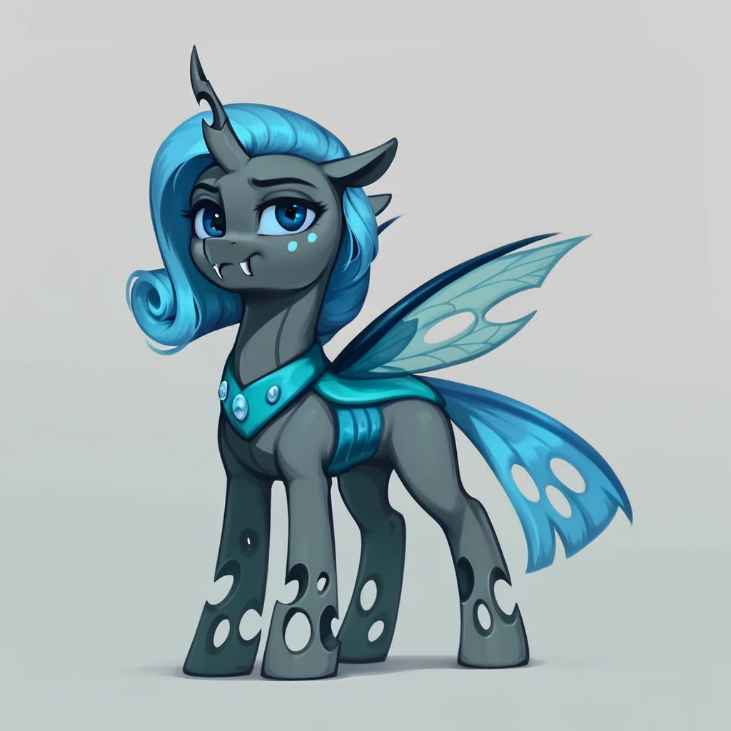 masterpiece, score_9_up, score_8_up, score_7_up, score_6_up, (best quality:1.1), ultra-detailed, high resolution, solo, Carolina Phymata, changeling queen oc, female, mlp, feral, gray skin, long blue mane, blue eyes, eyebrows, blue freckles, blue insect wings, tail, single horn, ears, fangs, full body, simple background, detailed facial features, expressiveh, simple background, highly visible, sharp focus, anatomically correct