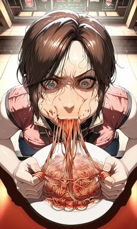 embedding:IllusP0s, 1girl, claire redfield_\(resident evil\), eating spaghetti, holding spaghetti, indoors, restaurant, from above, solo,<lora:spaghetti_eating.safetensors:1:1>
