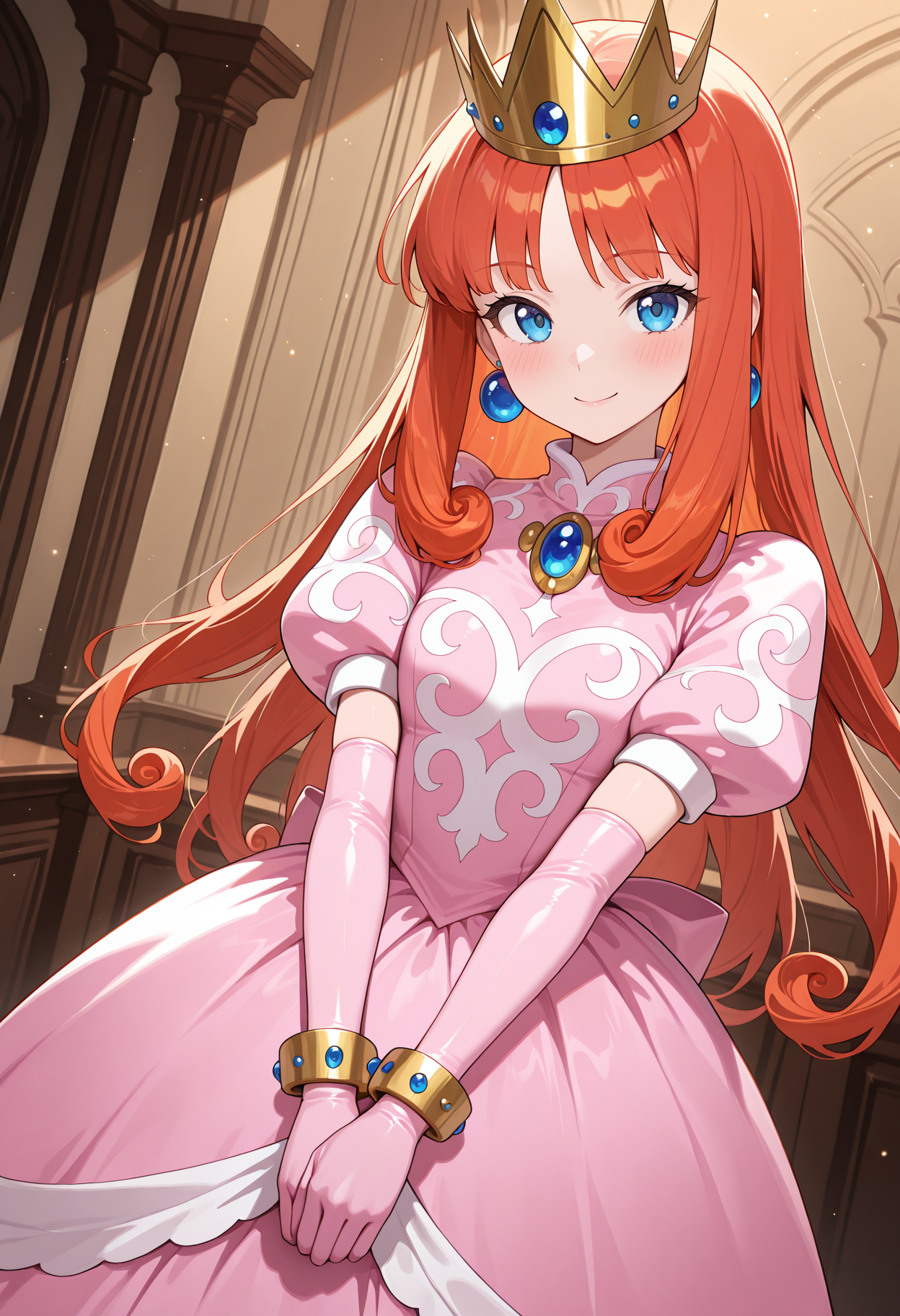 highres, best quality, masterpiece,
indoors, light particles, 
1girl, solo,
wlshkdef, long hair, red hair, orange hair, curly hair, blue eyes, earrings, crown, princess, pink dress, brooch, puffy short sleeves, print dress, elbow gloves, pink gloves, bracelet,
looking at viewer, blush, smile,
dutch angle, v arms, 
<lora:_princess_shokora-elesico-ilxlA:1>
