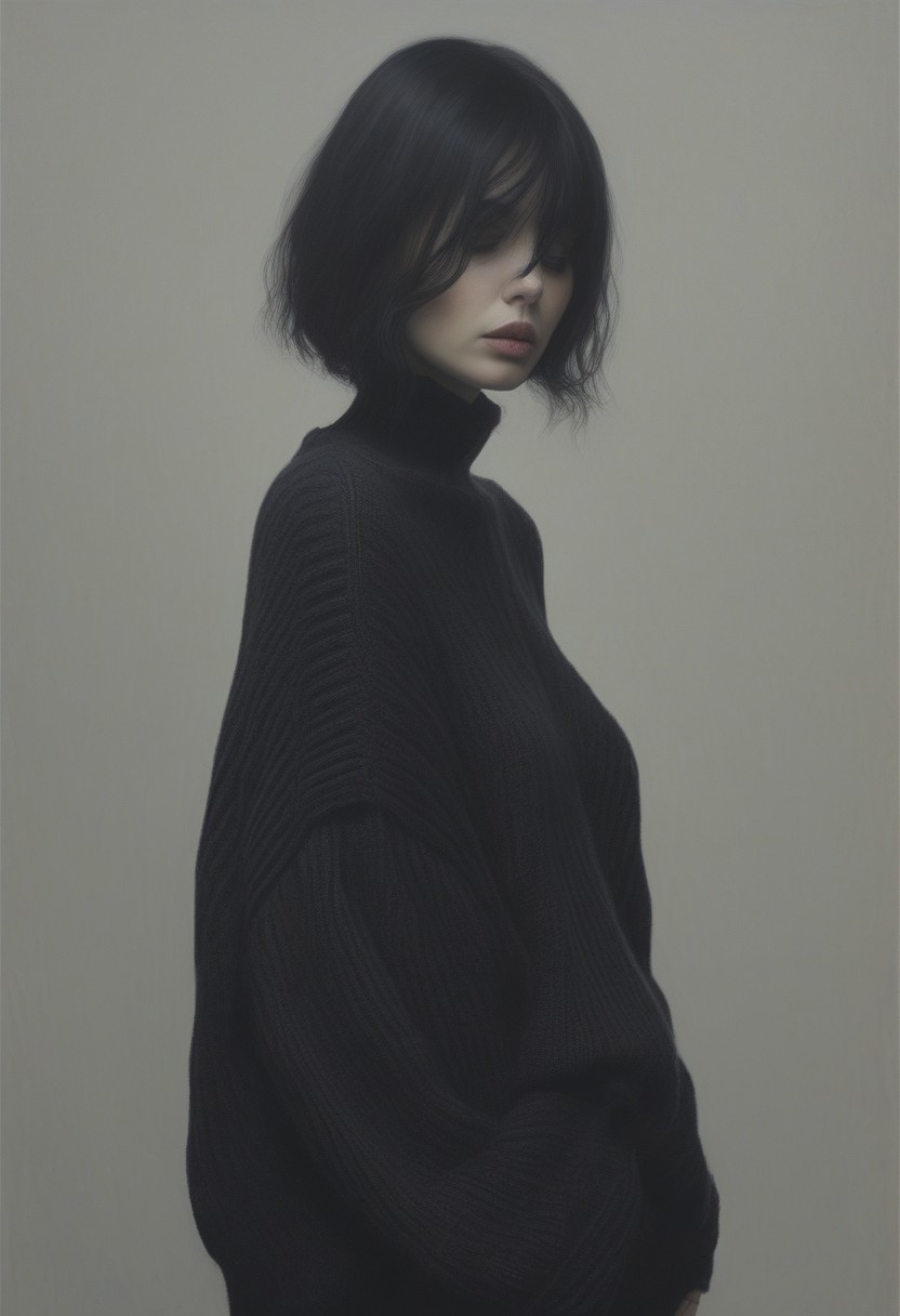 1girl, cute pose, goth, oversized sweater, realistic, detailed, DOOMHAZER