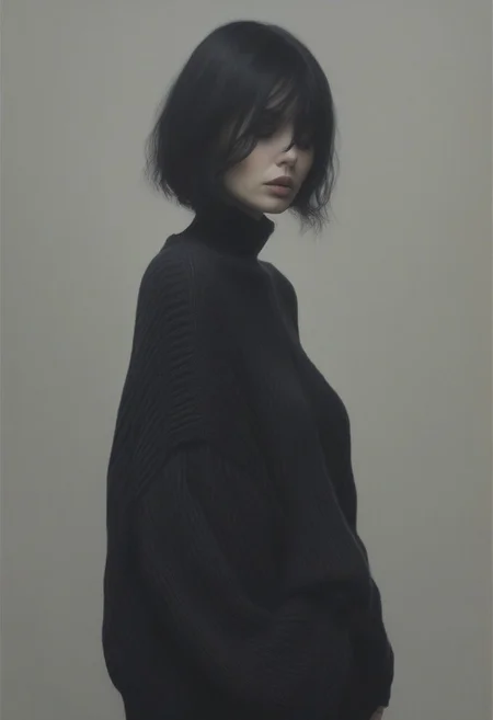 1girl, cute pose, goth, oversized sweater, realistic, detailed, DOOMHAZER