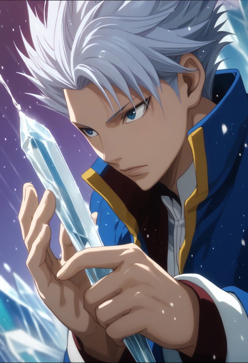 score_9, score_8_up, score_7_up, source_anime, rating_safe, LeonFT, grey Leon hair, blue eyes, glowing, 1boy, male focus, anime screencap, royal high collared coat, ice king, holding icicles, gradient particles, hands with five fingers, Dutch angle, realistic shading,