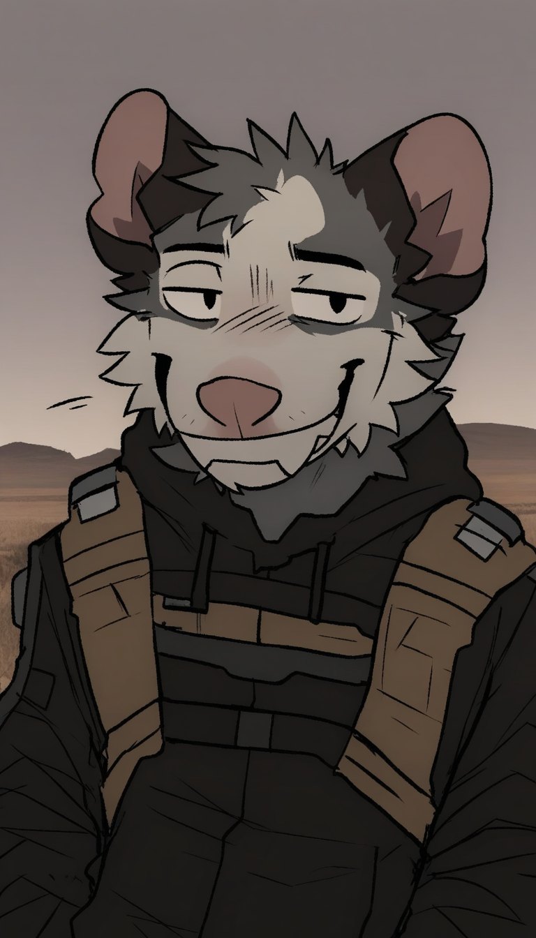 <lora:Maggotnizer_Art_Style_NAI-XL:1> Maggotnizer, solo, male, anthro, furry, 2d artwork, flat colors, opossum, casual clothes, mischievous look on face, smiling, (((techwear outfit))), (((plains background))), best quality, masterpiece