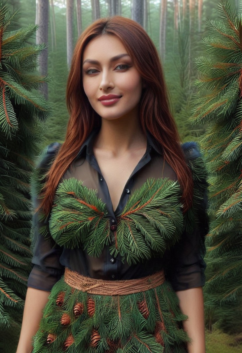 dawn, dark pine forest, colorful dress, perfect picture, (anatomically correct:1.7), score_9, score_8_up, score_7_up, score_6_up, score_5_up, score_4_up, UHD, 8K, masterpiece, detailed, ultra_high_resolution, lots of detail, OverallDetailXL, detailxl, Sci-fi Environments, epiCPhotoGasm-colorfulPhoto. style-empire, colorful style, 1woman, curvy, narrow waist, full lips, (red lips), flowing hair, (natural  eyes:1.3), full smile, mature female, milf, motherly. 32 years old, fir needles, fir needle style, fir needle, (long skirt made out of fir needles and pine cones:2), (long skirt:2.2), (fully dressed:2), (covered body:1.8), (fully covered breasts:1.5), high neck closure, add-detail-xl, short puffy sleeves, Cambodian woman, long hair, light brown hair, small waist, wide hips, high cheekbones, golden glow, (Auntie Flatts:1.12), (blouse made out of  fir needles:2).
