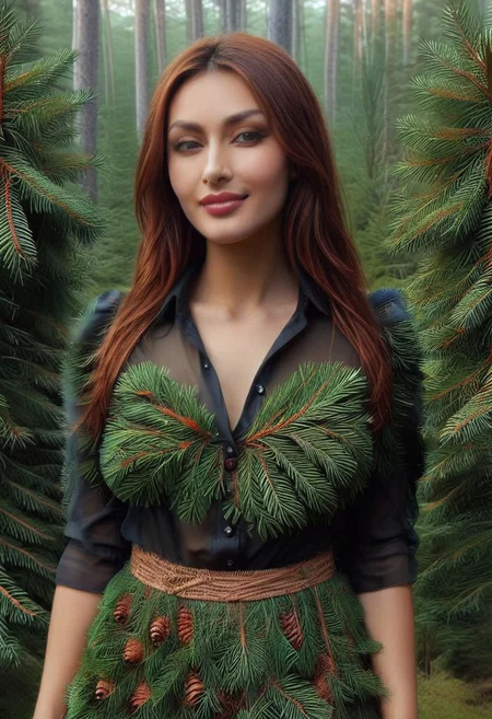 dawn, dark pine forest, colorful dress, perfect picture, (anatomically correct:1.7), score_9, score_8_up, score_7_up, score_6_up, score_5_up, score_4_up, UHD, 8K, masterpiece, detailed, ultra_high_resolution, lots of detail, OverallDetailXL, detailxl, Sci-fi Environments, epiCPhotoGasm-colorfulPhoto. style-empire, colorful style, 1woman, curvy, narrow waist, full lips, (red lips), flowing hair, (natural  eyes:1.3), full smile, mature female, milf, motherly. 32 years old, fir needles, fir needle style, fir needle, (long skirt made out of fir needles and pine cones:2), (long skirt:2.2), (fully dressed:2), (covered body:1.8), (fully covered breasts:1.5), high neck closure, add-detail-xl, short puffy sleeves, Cambodian woman, long hair, light brown hair, small waist, wide hips, high cheekbones, golden glow, (Auntie Flatts:1.12), (blouse made out of  fir needles:2).