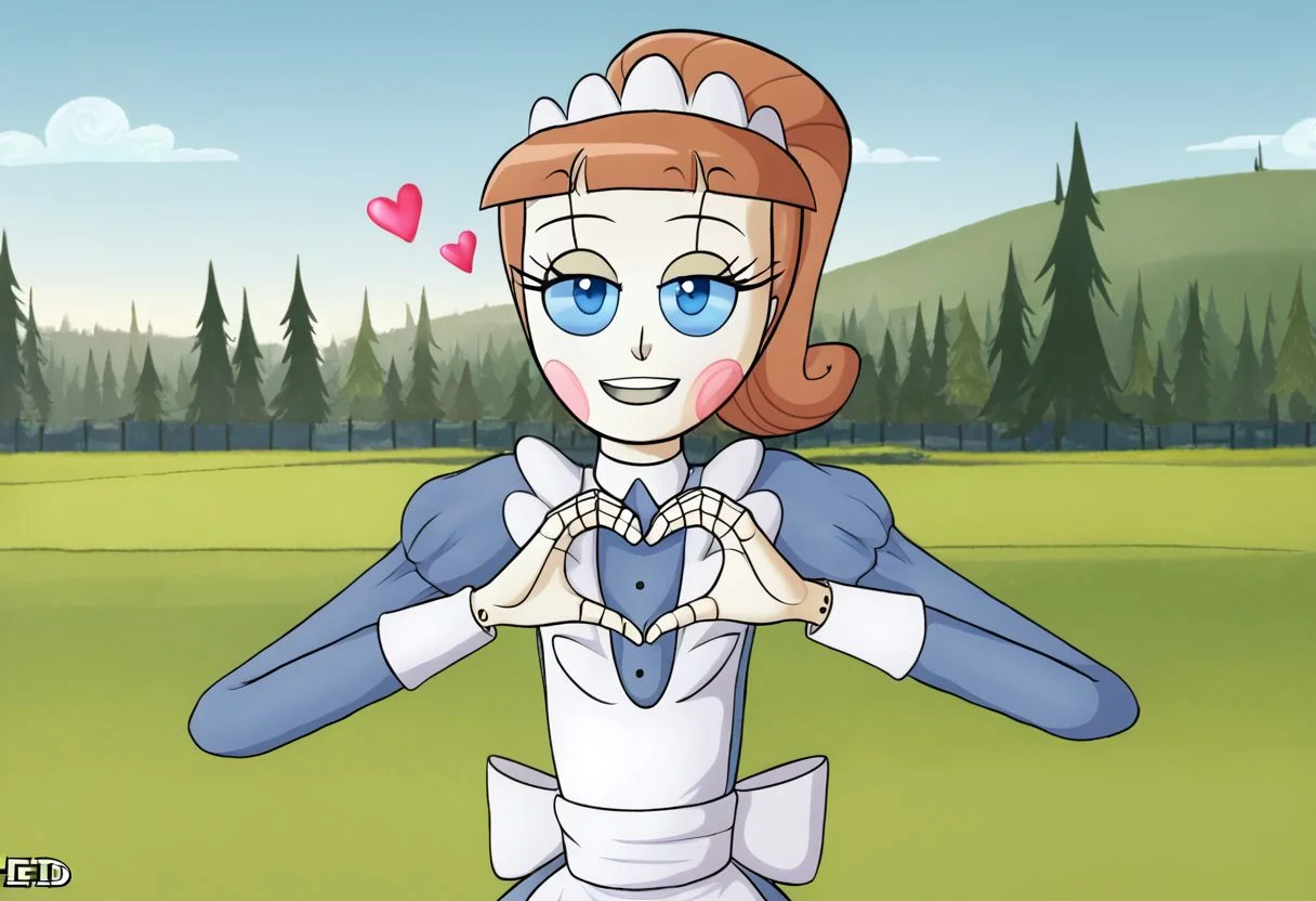 Molly, brown hair, ponytail, maid uniform, maid headpiece, posing, making a heart with hands, smile, lowered eyelids, outside