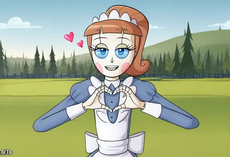 Molly, brown hair, ponytail, maid uniform, maid headpiece, posing, making a heart with hands, smile, lowered eyelids, outside
