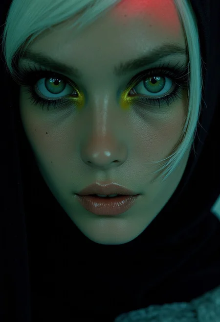 A highly detailed close-up of a nun in 70s style with bold eyeshadow. Her face is softly illuminated, exuding a mysterious allure. The eyes are adorned with striking, DARK olive green eyeshadow and eye-lashes that accentuates her deep, expressive gaze. Her White hair is tucked under a classic nun's habit, and the contrast between her simple white garment and the vibrant colors of her eyeshadow enhances the eye-catching 70s look. Her lips are slightly parted, adding a hint of playfulness, while soft shading highlights the curves of her face. The monochrome background enhances the timeless elegance, while subtle color accents, such as a gentle glow on her lips, enhance the atmosphere of dark enchantment.
Nistyle, monochrome analog photo, extreme face close-up, a captivating ethereal nun, royal aura, alluring charm, hyper-detailed photorealistic, with vibrant neon color highlights, gray, white, and soft pastel tones.