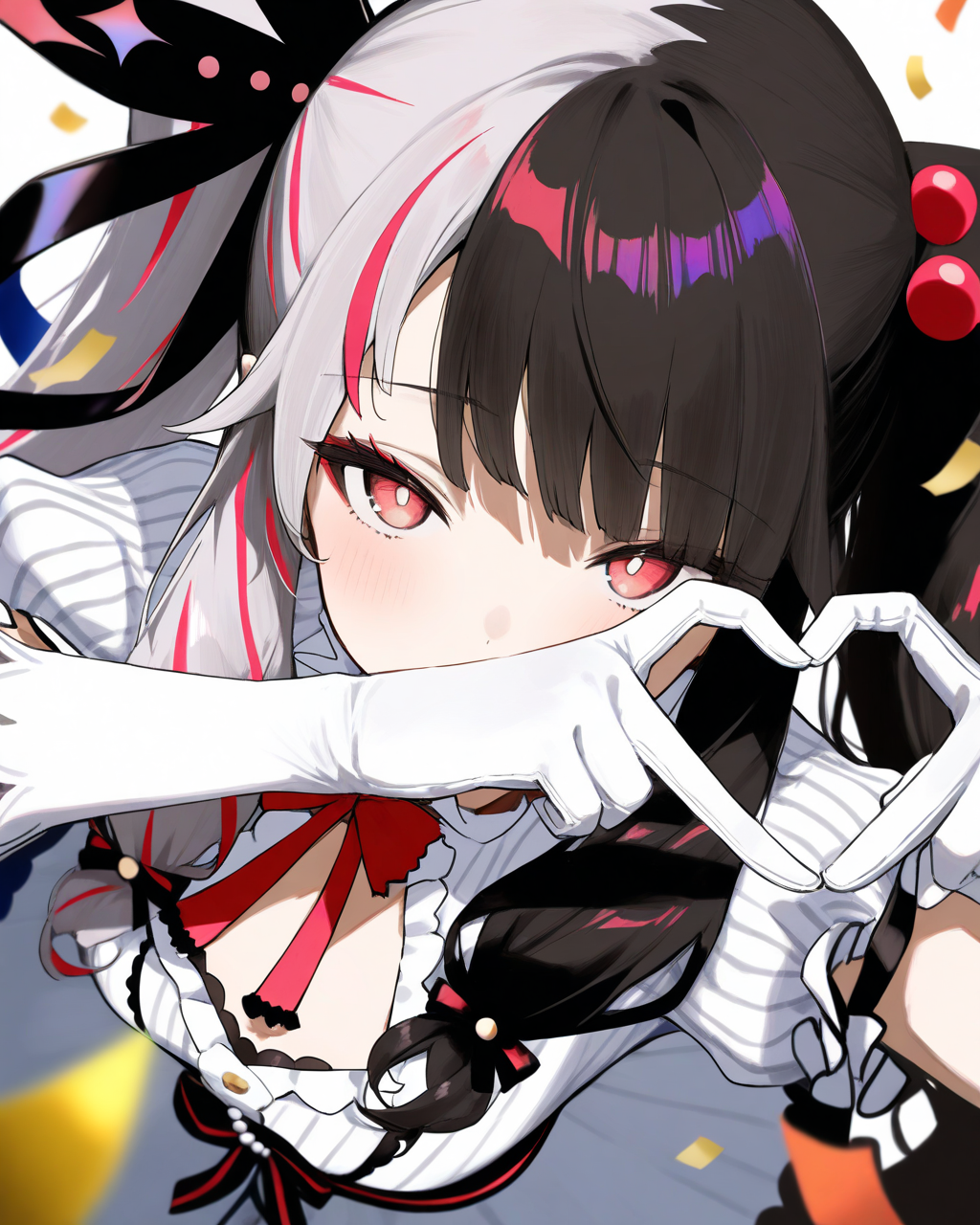 1girl,
YorumiRenaNijisanji,
YorumiRenaNijisanji1stCostume,
safe, solo, perspective, from above,
head tilt,
beautiful eyes, looking up,
white gloves,
dynamic pose, covering mouth, heart hands,
simple background, confetti,
depth of field,
<lora:kp_YorumiRenaNijisanjiAnimagineXL_v1_1:1.0>
masterpiece, high score, great score, absurdres