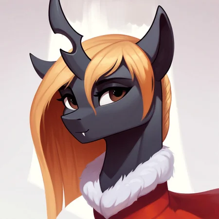 masterpiece, score_9_up, score_8_up, score_7_up, score_6_up, (best quality:1.1), ultra-detailed, high resolution, 1character, solo, Helvia, changeling queen oc, mlp, feral, ears, (((beautiful detailed light-brown eyes))), single horn, black skin, long blonde mane, red clothes, white fur trim, portrait, simple background, ((8k)) shiny, shadows, highly visible, sharp focus, anatomically correct, extremely detailed, painting