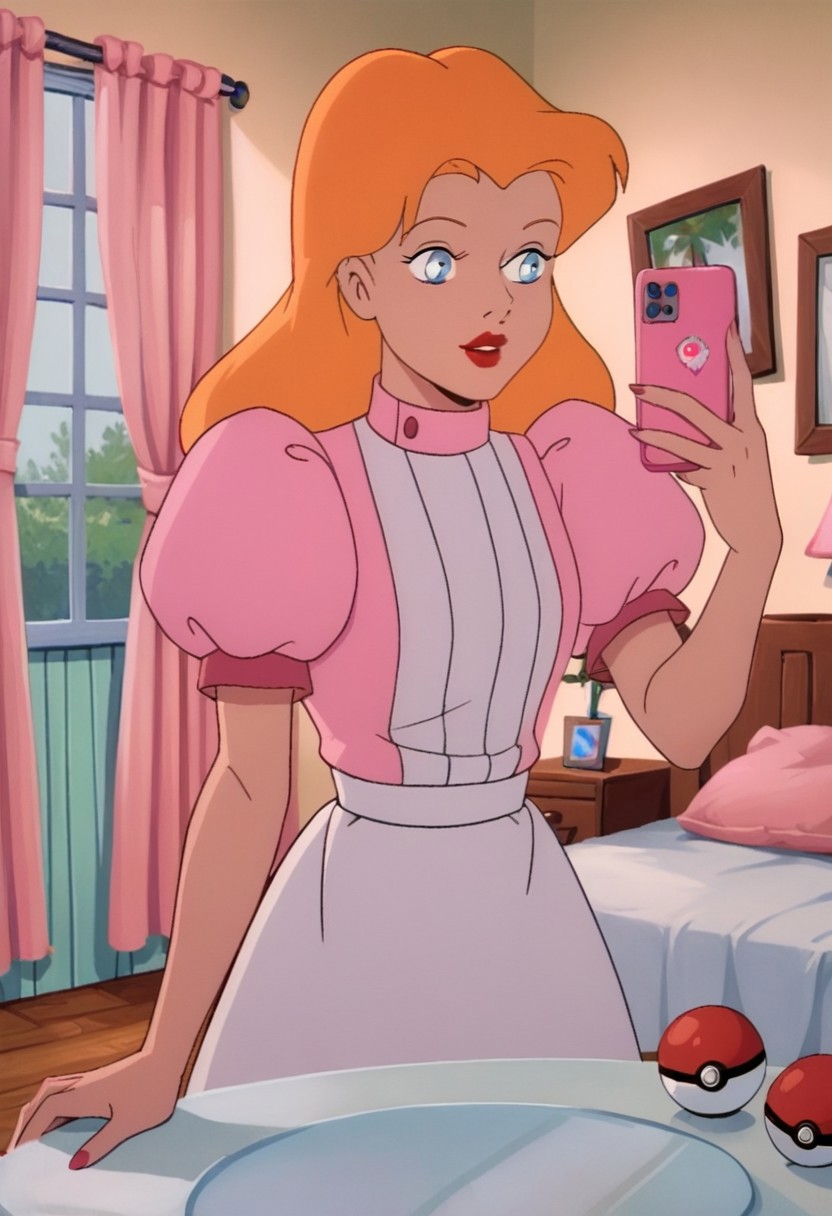 score_9_up, score_8_up, score_7_up, 1980s (style), retro artstyle, source_cartoon, rating_safe, solo 
JetLagAlice, 1girl, orange hair, blonde hair, long hair, makeup, lipstick, red lips, blue eyes, puffy sleeves, puffy short sleeves, short sleeves, dress, pink dress, apron
solo, standing, bedroom, window, bed, pillows, detailed background, mirror, selfie, cellphone holding cellphone, blue cellphone, solo pokeball_(/basic/) table, food