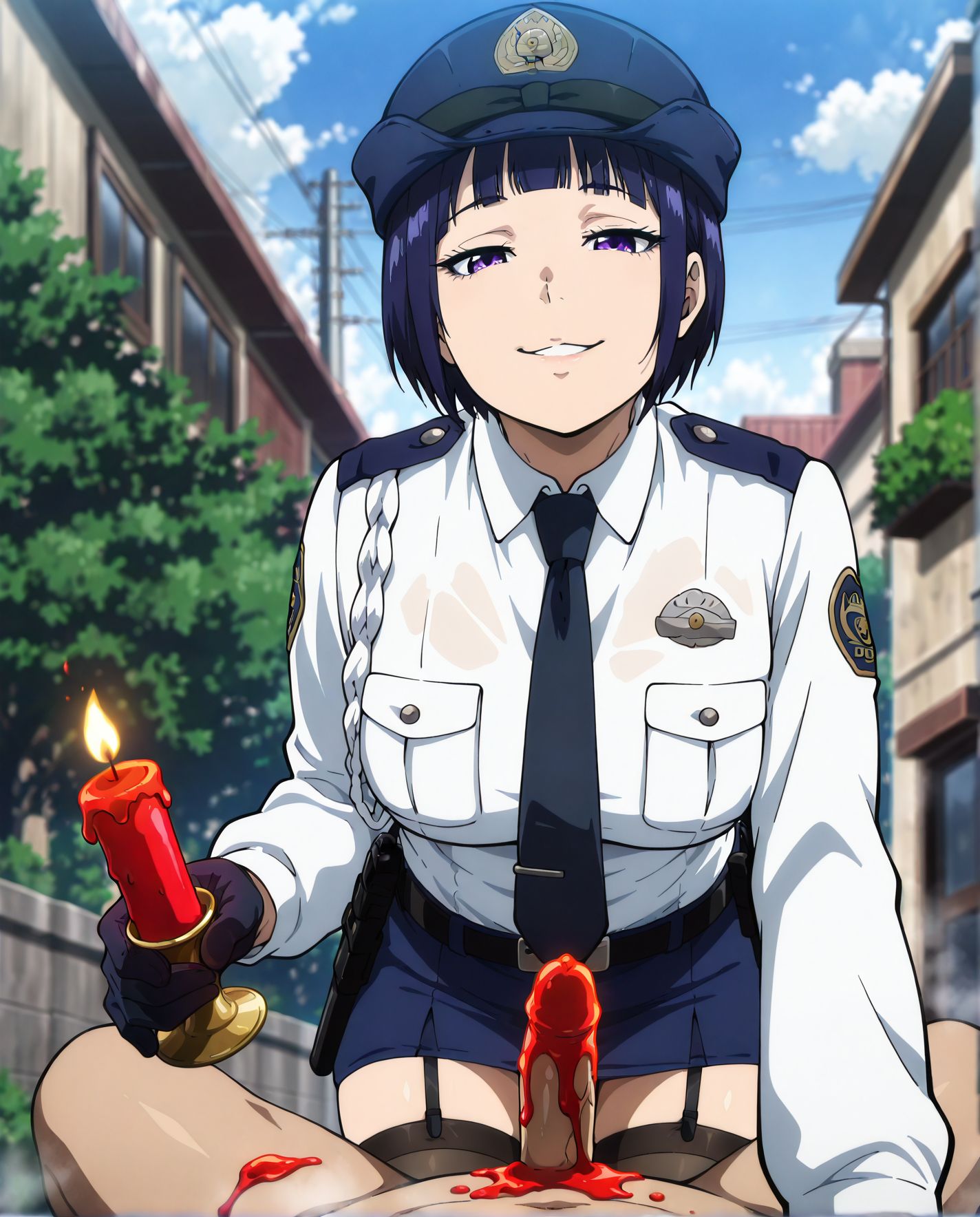 <lora:add-detail-xl:0.5>,,masterpiece, best quality, newest, absurdres, highres, detailed eyes, beautiful, detailed background, perfect eyes, anime coloring, anime screencap,
<lora:Policewoma-000035:0.5>,Police_cosplay.
1girl,hat,penis, seductive smile, 1boy, pov,
thighhighs,gloves,bdsm, red candle,
uniform,police, holding candle, steam, 
police uniform, dripping wax on penis, 
dripping hot wax,wax play,wax on male body,
outdoors,  fatman, ugly man, 
 faceless male, 
police uniform, white shirt, necktie, black belt, 
<lora:Police_in_a_Pod_-_Mai_Kawai:0.8> HakozumeMai, purple eyes, blue hair, short hair,
20YO, milf, large breasts,