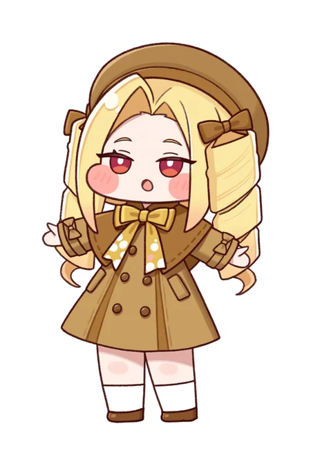(trickcalcg), (chibi, chibi only:1.3), blush, blush stickers, 
1girl, solo, long hair, blush, open mouth, simple background, blonde hair, long sleeves, white background, red eyes, dress, hat, bow, ribbon, twintails, standing, full body, heart, shoes, socks, bowtie, chibi, coat, :o, arms up, buttons, capelet, white socks, blush stickers, drill hair, transparent background, stuffed toy, twin drills, brown headwear, double-breasted, brown dress, brown coat, yellow bowtie, brown bow, brown ribbon, brown capelet, brown bowtie, chloe \(trickcal\), chloe \(trickcal\) \(luxury tailor style\), 
(masterpiece, best quality, absurdres, highres, newest, very awa:1.2), 