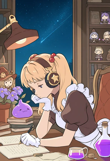 masterpiece, best quality, zzLofi, 1girl, apron, black lunette, blonde hair, book, bookshelf, box, brown dress, brown headwear, character doll, closed mouth, curly sue, desk lamp, deviruchi, dress, expressionless, flask, flower, frilled apron, frills, gloves, hair bobbles, hair ornament, hat, unworn hat, head rest, headphones, unworn headwear, holding, holding pen, jiangshi, kafra uniform, lamp, leaning forward, long hair, looking down, maid, munak, night, pen, poring, potion, puffy short sleeves, puffy sleeves, purple flower, ragnarok online, short bangs, short sleeves, sky, slime (creature), spore (ragnarok online), star (sky), starry sky, twintails, upper body, vase, white gloves, witch hat, writing , <lora:LofiGirl_Style_IXL:1.0>,