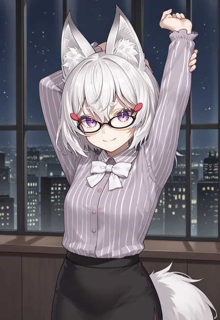 1girl, solo, solo focus, highres, absurdres, LadyMaemi, fox ears, hair ornament, white hair, glasses, animal ear fluff, purple eyes, black-framed eyewear, short hair, hairclip, bangs, hair between eyes, thick eyebrows,
white shirt, striped shirt, collared shirt, long sleeves, white bowtie, fox tail, black skirt, pencil skirt, black pantyhose,
looking at viewer, light smile, closed mouth, arms up, stretching,
indoor, cityscape, neon lights, window, dark, night, night sky, light particles, backlighting, shade,