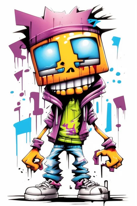 <lora:Skottie Young Style:1>Skottie Young Style - cool graffiti character on white background