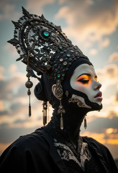 cpstyle, mmstyle, an eerie closeup portrait of an Rococo robotic princess, eye Make-up, The sky is a swirl of soft gold and silver clouds, an ancient sun barely visible through the haze. neon-mist, towering LACE and Cooper crown, turquoise Crystal, Milky Haze, neon-mist