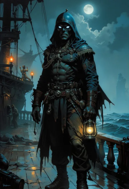 Frank Frazetta dark fantasy oil painting of A Ghostly Sailor, spectral mariner with tattered uniform, glowing white eyes, holding a spectral lantern, haunted ship deck, misty sea background, dim lanterns, atmosphere of lost voyages and ghostly tales.
Niji Stan Katayama style.
