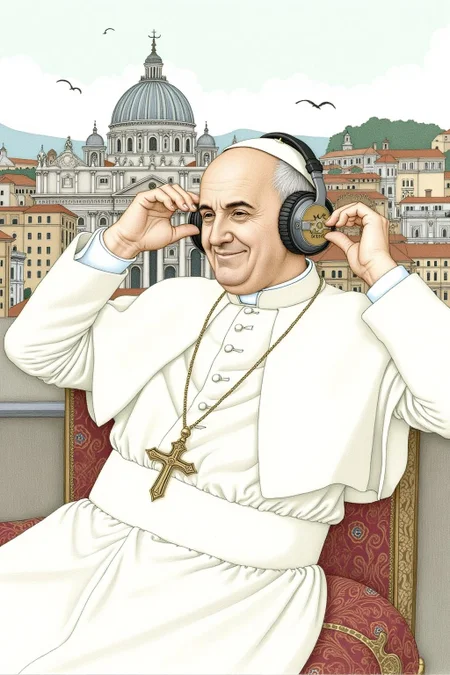 olgadugina1 illustration.
Pope Francis, wearing oversized headphones, lounges owith an air of cool detachment. His face and body blends seamlessly with the Vatican cityscape. <lora:olgadugina2_cap_d6a3e9:1.0><lora:858118491952145060:0>