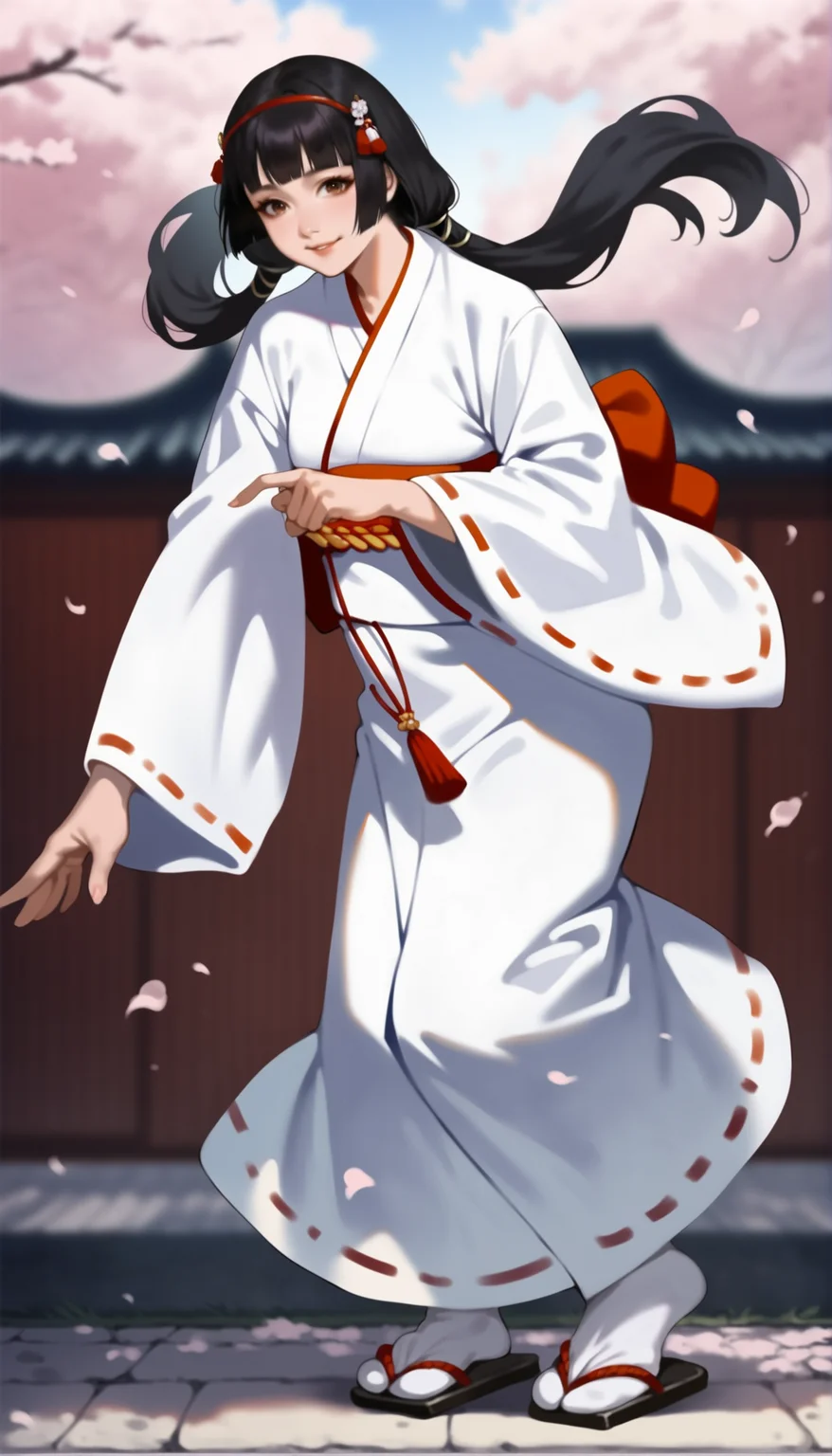 score_9,score_8_up,score_7_up,
<lora:naotoraii:1>,naotora ii,realistic,1girl,solo,
black hair,bangs,blunt bangs,twintails,low twintails,red hair ornament,red hairband,white scrunchie,
miko outfit,tabi,zÅri,
brown eyes,looking at viewer,smile,
outdoors,cherry blossoms,japanese style wall,vignetting,blurry background,
standing,full body,